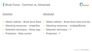 ©2015 AKAMAI | FASTER FORWARDTM
Brute Force - Common vs. Advanced
Common
•  Attack method – Brute force flood
•  Attacking...