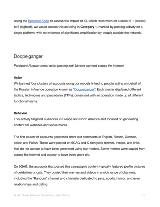 Using the Breakout Scale to assess the impact of IO, which rates them on a scale of 1 (lowest)
to 6 (highest), we would assess this as being in Category 1, marked by posting activity on a
single platform, with no evidence of significant amplification by people outside the network.
Doppelganger
Persistent Russian threat actor posting anti-Ukraine content across the internet
Actor
We banned four clusters of accounts using our models linked to people acting on behalf of
the Russian influence operation known as “Doppelganger”. Each cluster displayed different
tactics, techniques and procedures (TTPs), consistent with an operation made up of different
functional teams.
Behavior
This activity targeted audiences in Europe and North America and focused on generating
content for websites and social media.
The first cluster of accounts generated short text comments in English, French, German,
Italian and Polish. These were posted on 9GAG and X alongside memes, videos, and links
that do not appear to have been generated using our models. Some memes were copied from
across the internet and appear to have been years old.
On 9GAG, the accounts that posted this campaign’s content typically featured profile pictures
of celebrities or cats. They posted their memes and videos in a wide range of channels,
including the “Random” channel and channels dedicated to pets, sports, humor, and even
relationships and dating.
AI and Covert Influence Operations: Latest Trends 17
 