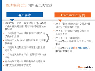 成功案例 (⼆) 国內第⼆⼤電商
客⼾需求
§ 通过收购⼀家第三⽅⽀付的公司，XX集
团业务发展到⾦融, 现有平台不能滿⾜业
务发展
§ ⼀个能夠跨平台的风控系统可以⽤在电
⼦商务和⾦融
§ 不同的切⼊點, ⽀付, 登陆和注冊, 电脑和
移动端
§ ⼀个能夠快速集成現有和⾃建风控系統
的平台
§ ⼀个快速风险评估平台, 能处理不同的客
⼾端.
§ 安全的分享到全球其他电商的交易數据
§ 可扩充性強和低維护开⽀
Threatmetrix ⽅案
§ 2015 开始处理部份国內交易, 针对
⽹上⽀付和新客⼾注冊
§ 2015 年中开始提升处理交易量⾄
每天百万笔
§ 2015 年下半年开始測試
ThreatMetrix 移动端 SDK 和xx钱包
集成
§ ThreatMetrix全球信⽤情报⽹络, 分
享⾏內重要数据
 