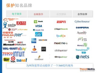 保护知名品牌
为网络犯罪活动提供了一个360度的视角
电⼦商务 社交媒体 合作伙伴⾦融服务
 