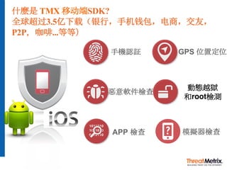 什麼是 TMX 移动端SDK?
全球超过3.5亿下载（银行，手机钱包，电商，交友，
P2P，咖啡...等等）
手機認証
惡意軟件檢查
APP 檢查
GPS 位置定位
動態越獄
和root檢測
模擬器檢查
 