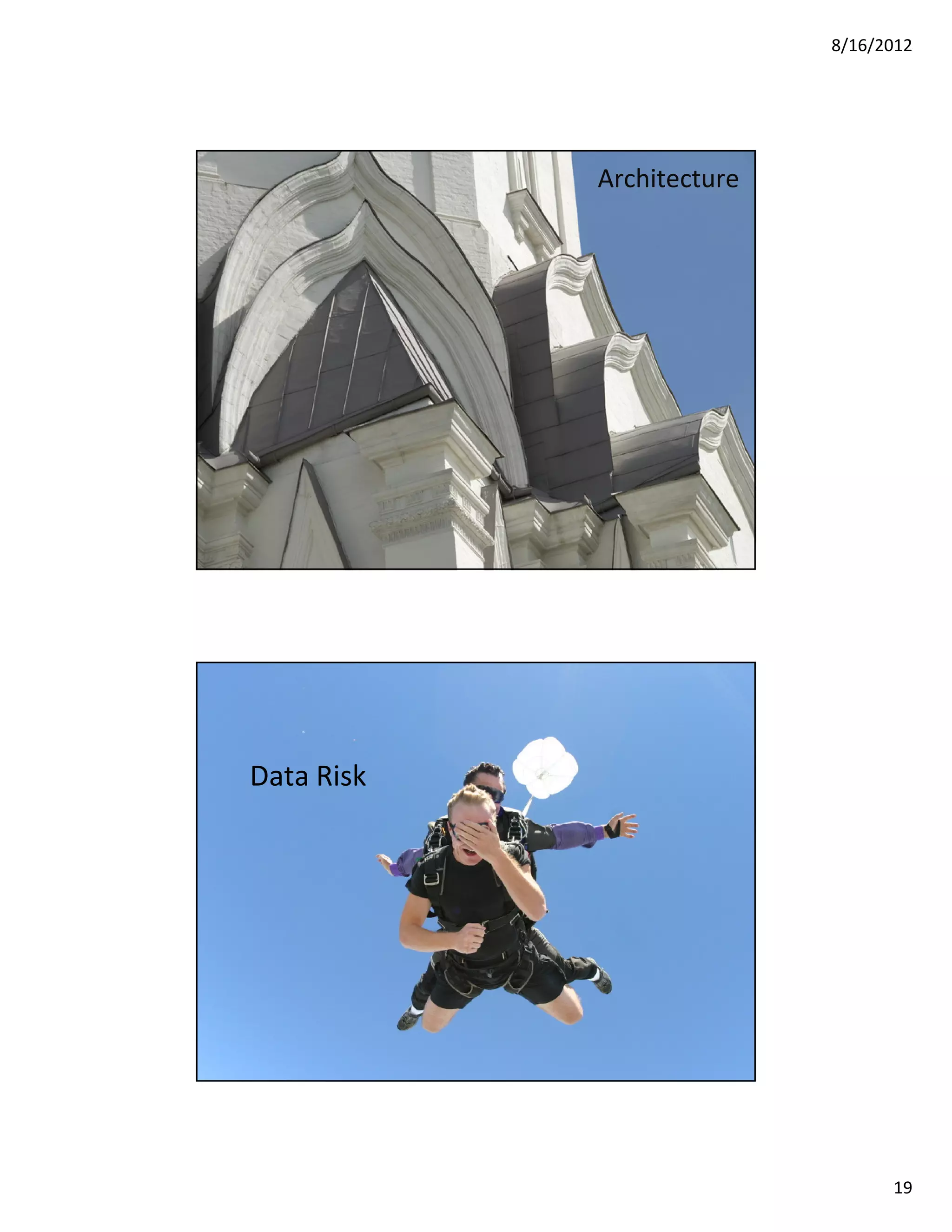 8/16/2012




                               Architecture




© 2012 Security Compass inc.            37




   Data Risk




© 2012 Security Compass inc.            38




                                                    19
 