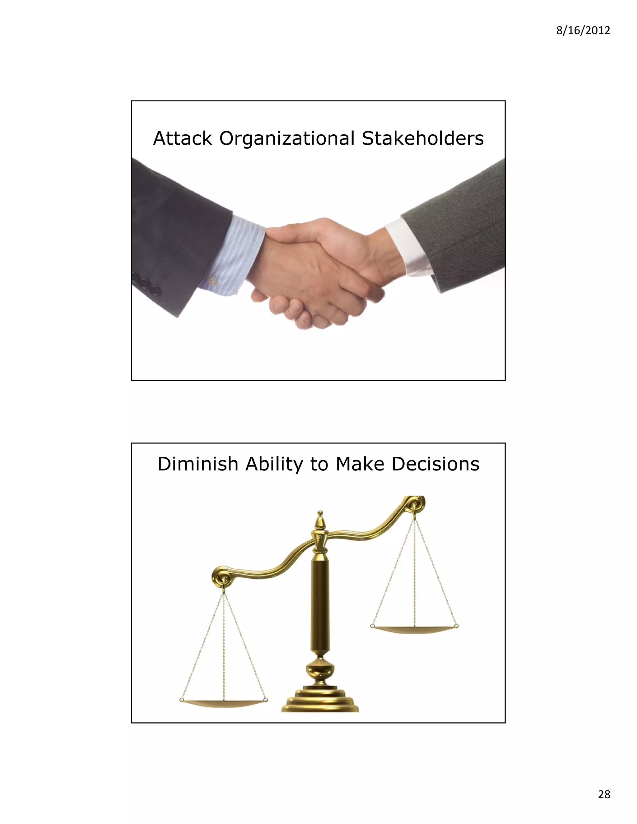 8/16/2012




Attack Organizational Stakeholders




Diminish Ability to Make Decisions




                                           28
 