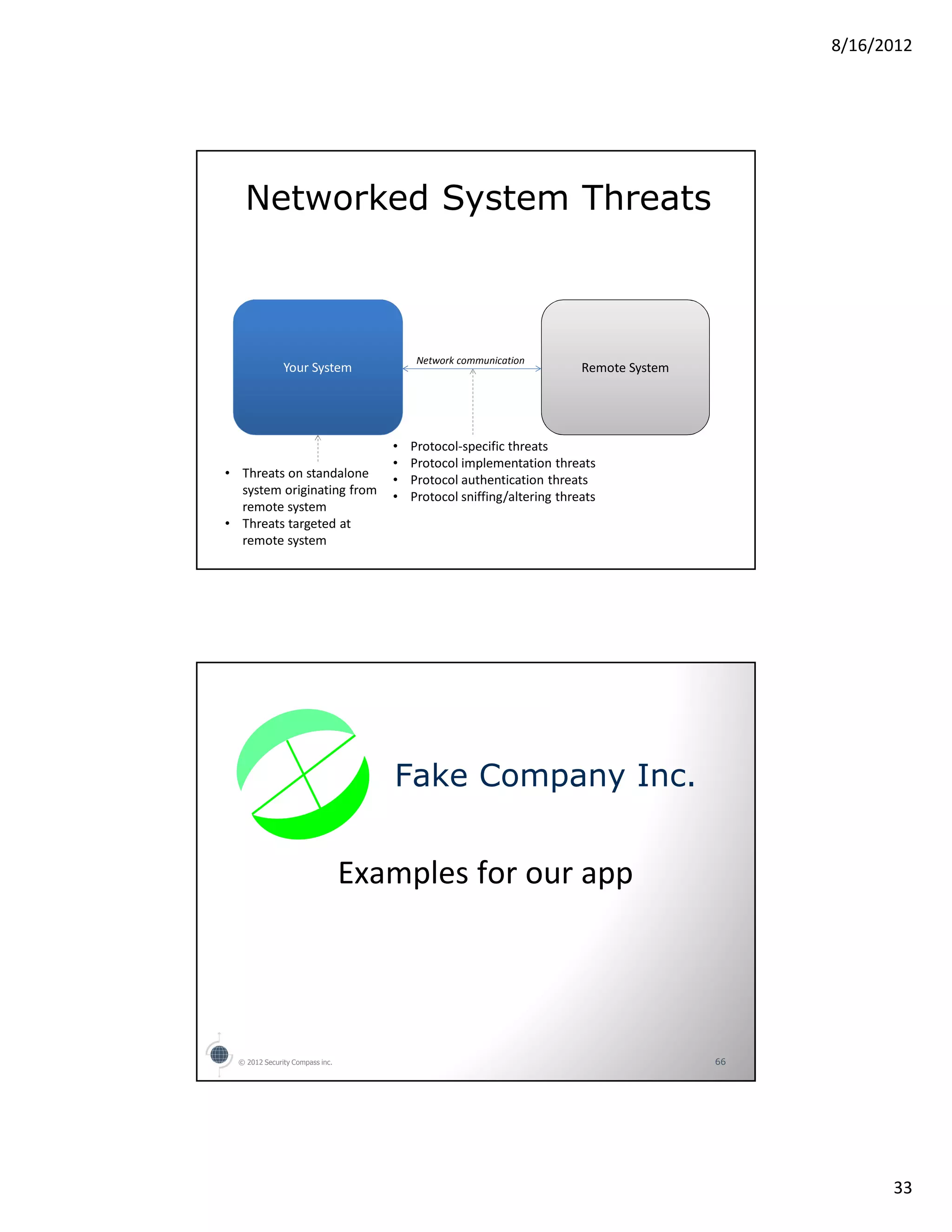 8/16/2012




    Networked System Threats



                                         Network communication
               Your System                                             Remote System




                                    •   Protocol-specific threats
                                    •   Protocol implementation threats
• Threats on standalone             •   Protocol authentication threats
  system originating from           •   Protocol sniffing/altering threats
  remote system
• Threats targeted at
  remote system




                                    Fake Company Inc.


                                 Examples for our app




  © 2012 Security Compass inc.                                                         66




                                                                                                  33
 