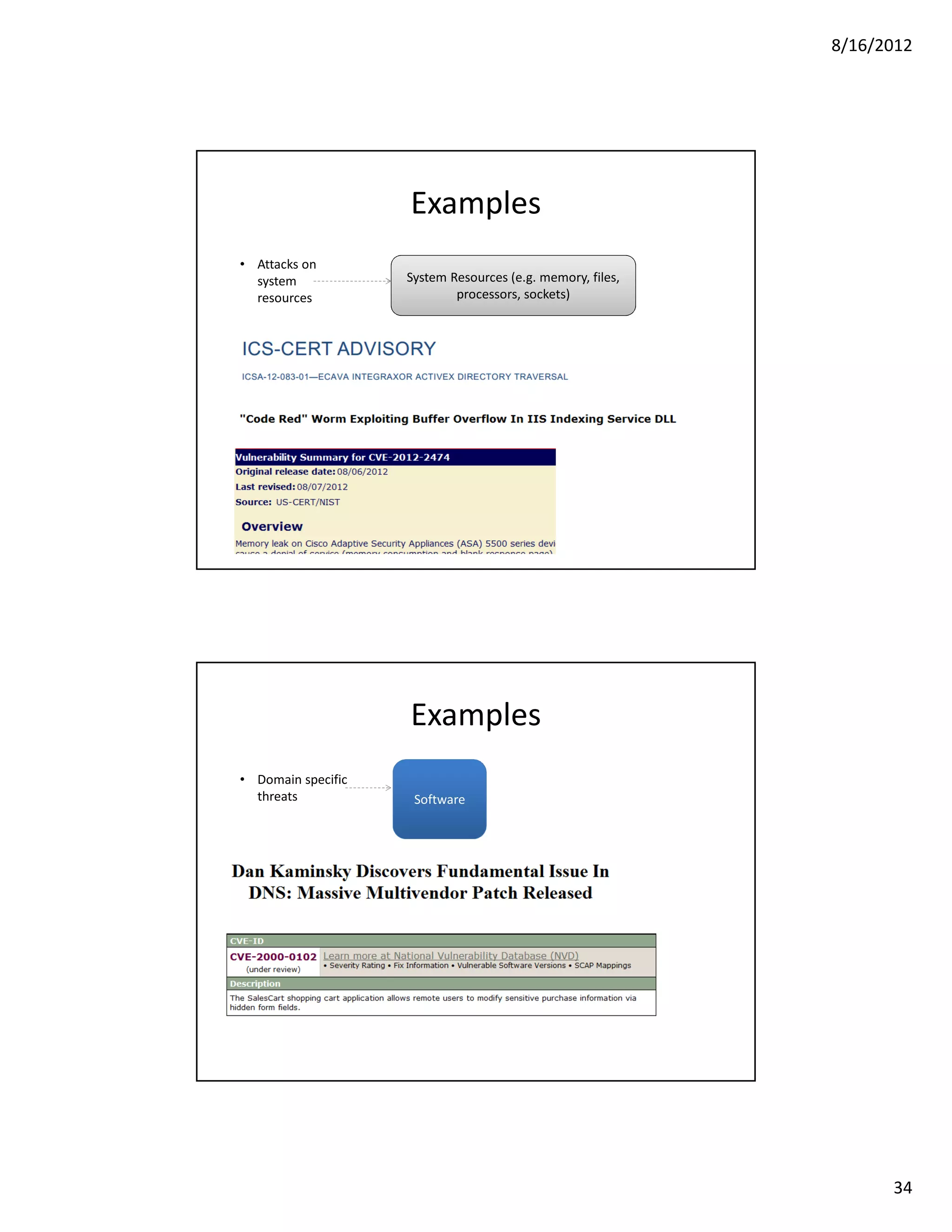8/16/2012




                    Examples
• Attacks on
  system            System Resources (e.g. memory, files,
  resources                 processors, sockets)




                    Examples
• Domain specific
  threats            Software




                                                                  34
 