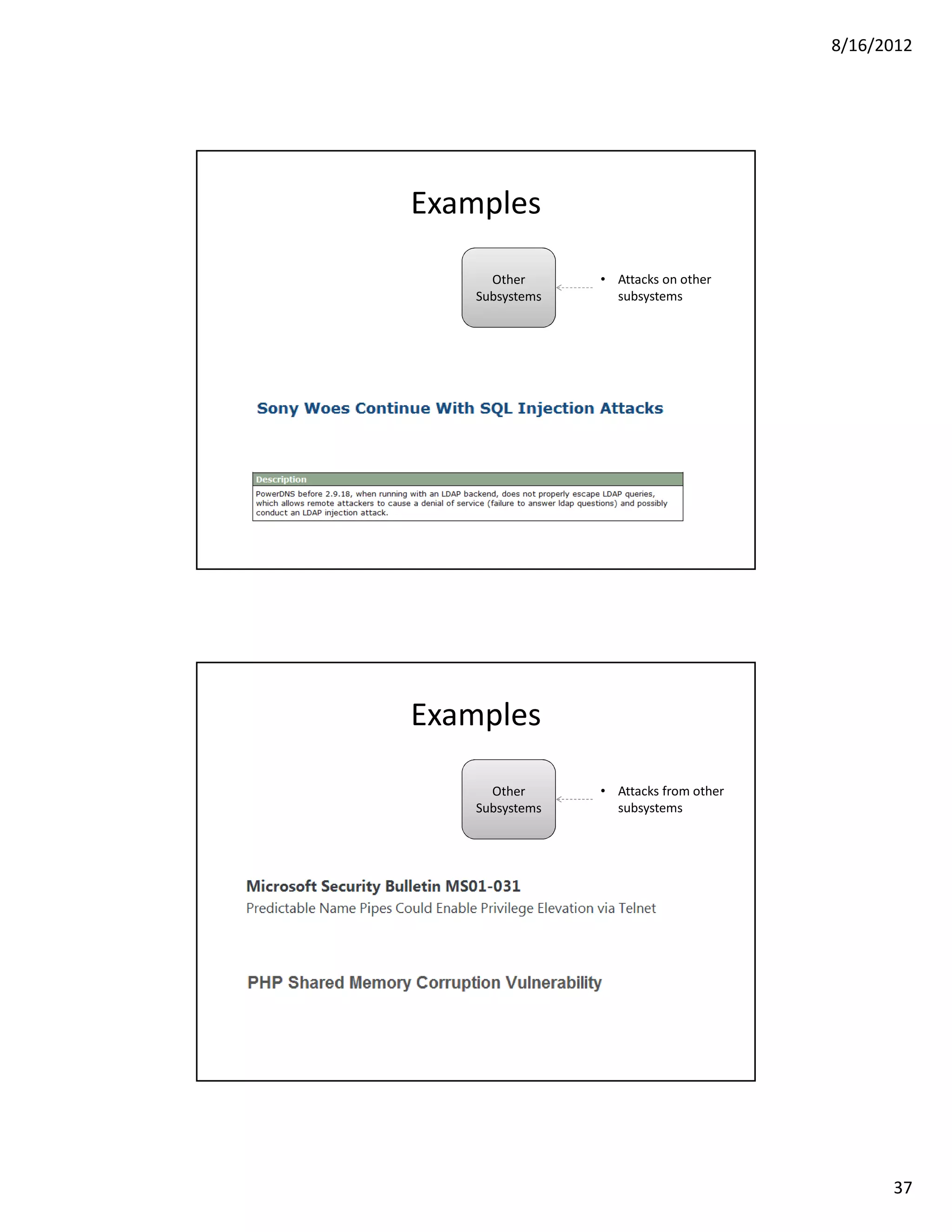 8/16/2012




Examples

      Other      • Attacks on other
    Subsystems     subsystems




Examples

      Other      • Attacks from other
    Subsystems     subsystems




                                              37
 
