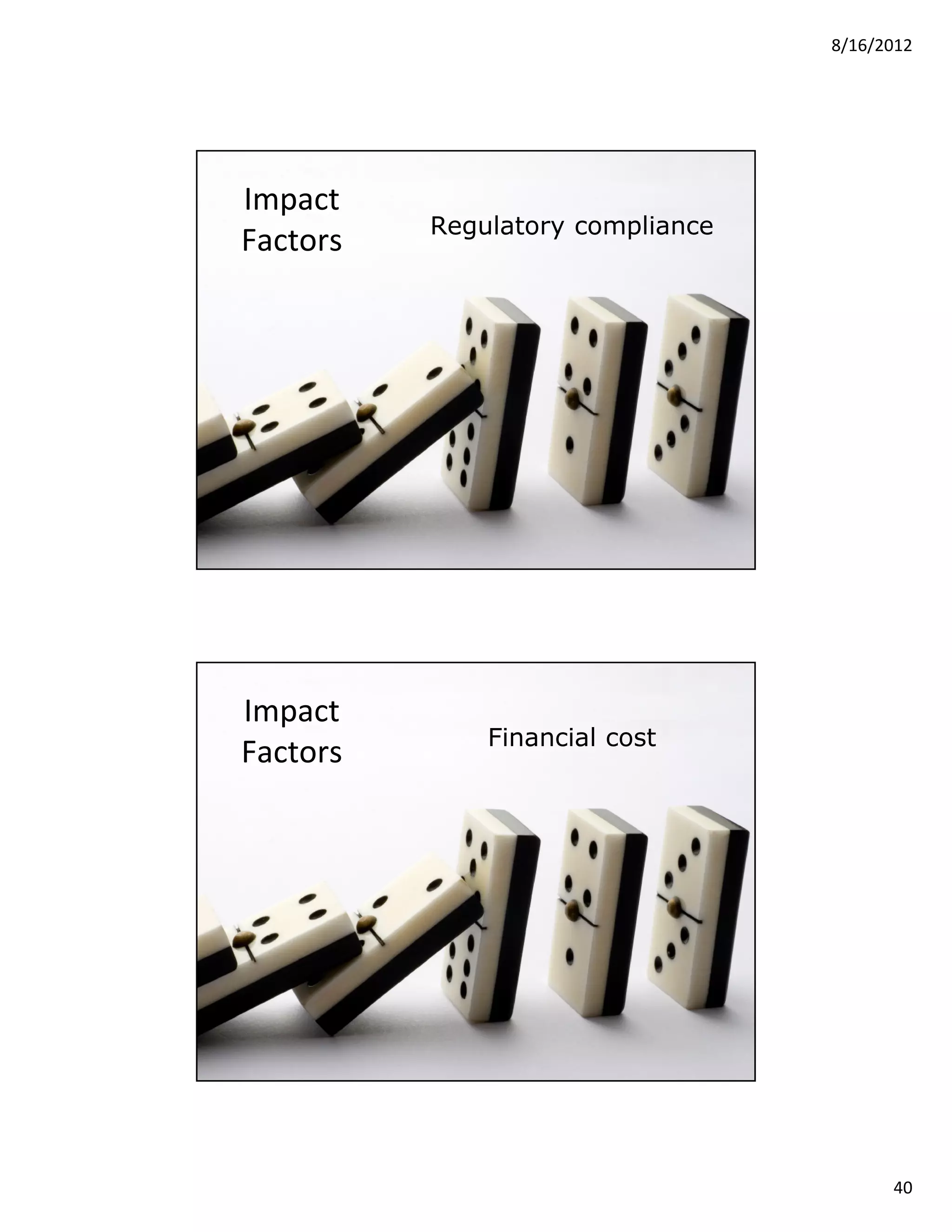 8/16/2012




Impact
                               Regulatory compliance
Factors




© 2012 Security Compass inc.                           79




Impact
                                   Financial cost
Factors




© 2012 Security Compass inc.                           80




                                                                  40
 