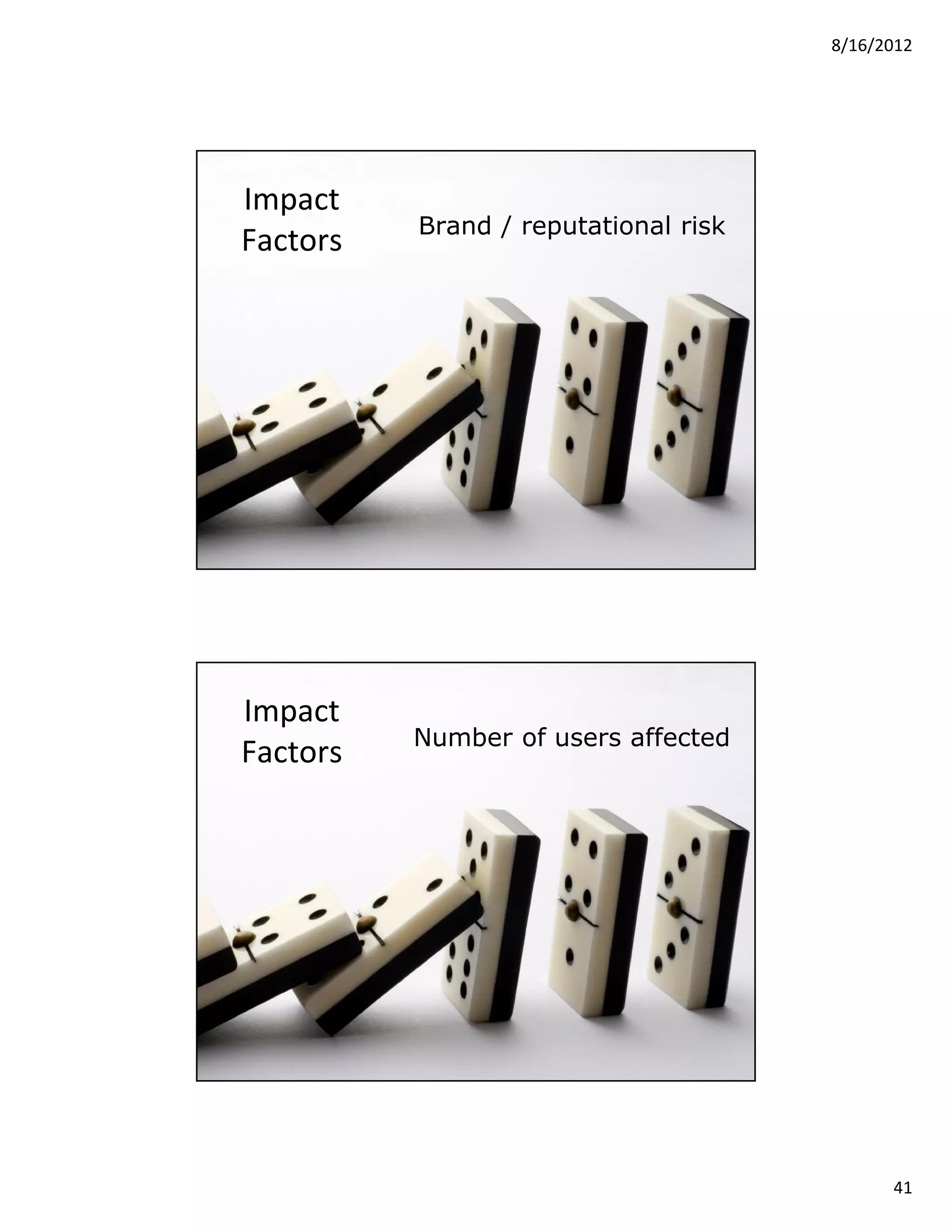 8/16/2012




Impact
                               Brand / reputational risk
Factors




© 2012 Security Compass inc.                           81




Impact
                               Number of users affected
Factors




© 2012 Security Compass inc.                           82




                                                                  41
 