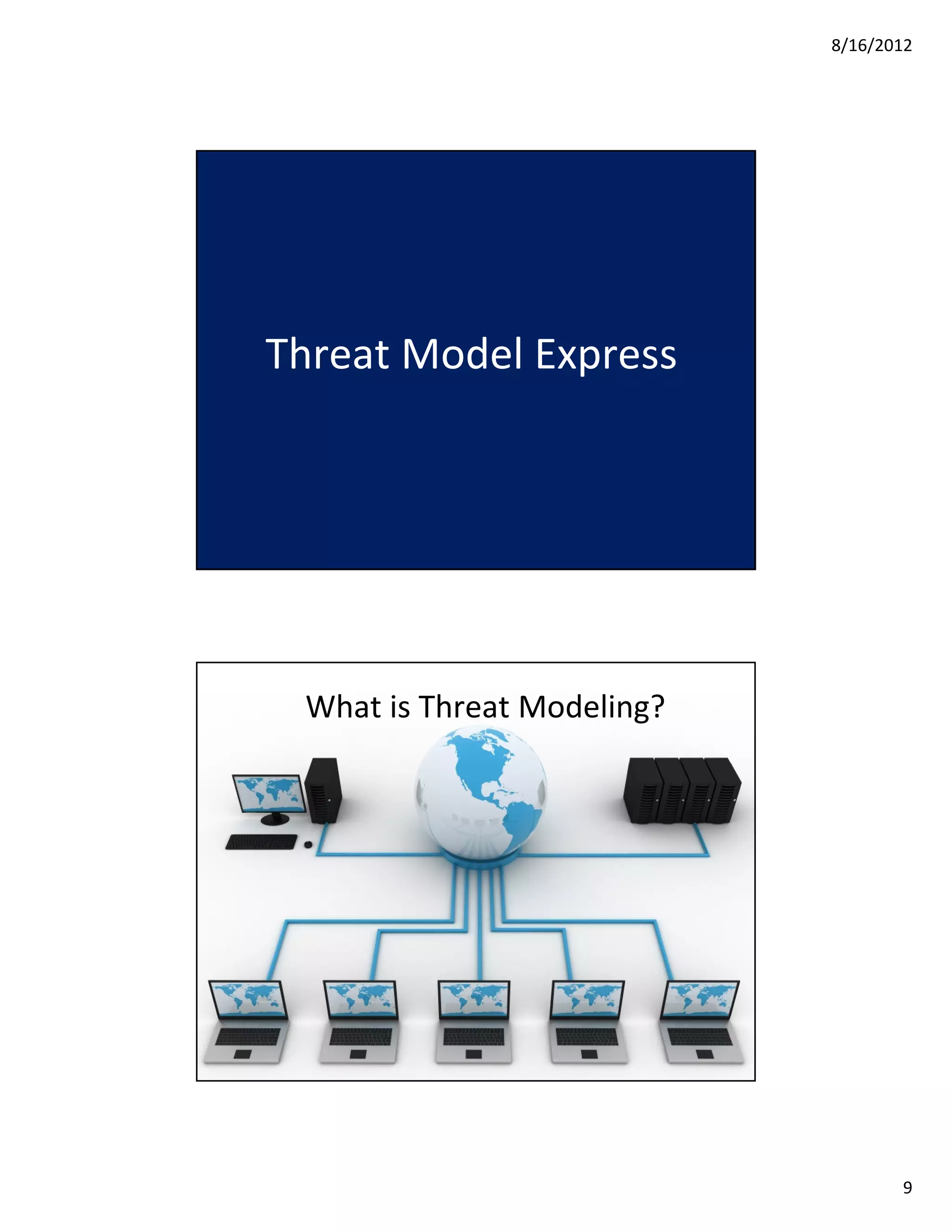 8/16/2012




Threat Model Express




 What is Threat Modeling?




                                   9
 