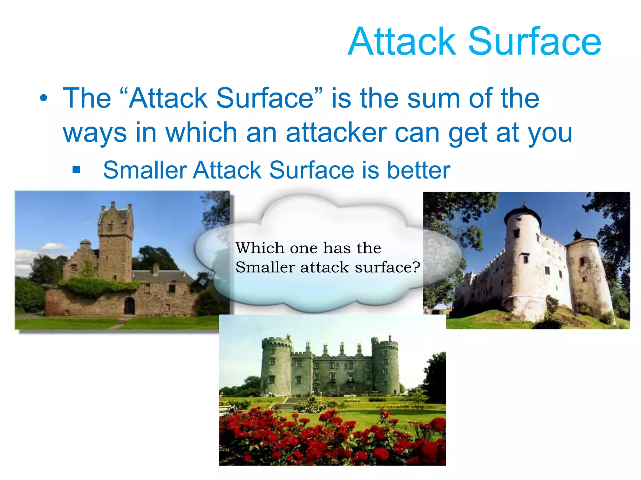 Security ObjectivesWhat do you not want to happen?Confidentiality“I do not want unauthorized users to gain access to confidential information”Integrity“I do not want unauthorized users to tamper with data”Availability“I do not want the system to be unavailable because of an attack”Agree on security objectives up frontHelps to scope and focus your security effortsAgendaThreat AnalysisBasic Security ConceptsSecurity Code ReviewSummary / Q&A