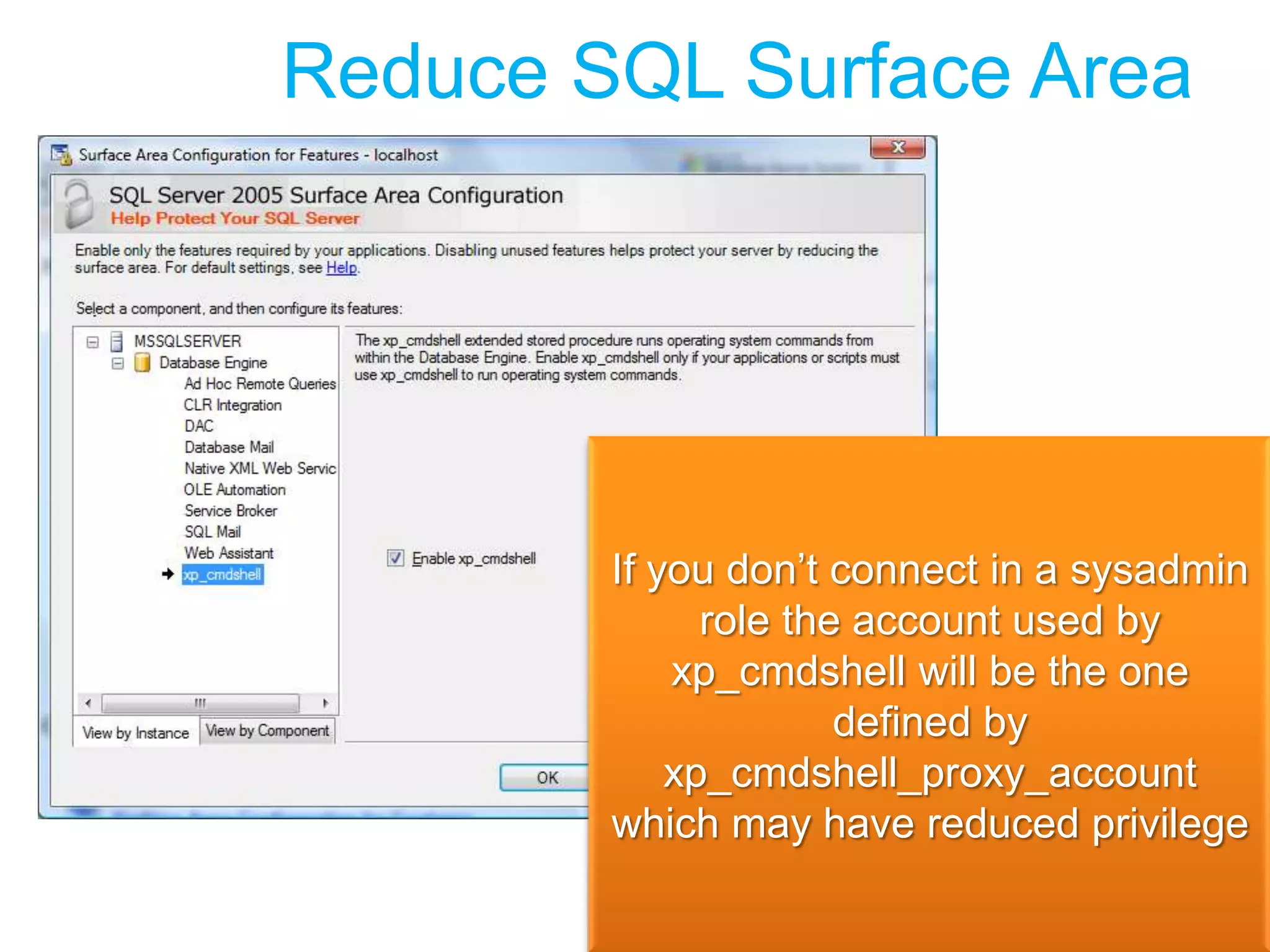 TryDim conn As SqlConnection = NothingDim results As New DataSet()   conn = New SqlConnection(&quot;data source=localhost;&quot; _         + &quot;user id=sa;password=password;&quot; + _         &quot;Initial Catalog=SqlInjectionDemo&quot;)conn.Open()   sqlString = &quot;SELECT HasShipped&quot; + _&quot; FROM Shipment WHERE ID=&apos;&quot; + ID + &quot;&apos;&quot;cmd = New SqlCommand(sqlString, conn)Dim adapter As New SqlDataAdapter(cmd)adapter.Fill(results)Catch se As SqlException   Dim status As String   status = sqlString + &quot; failed&quot;For Each err As SqlError In se.Errors   status = status + err.MessageNextMesssageBox.Show(status)End TrySecurity Code ReviewNever connect as SADon’t Embed Secretsuser id=sapassword=passwordUnencrypted & Weak Password