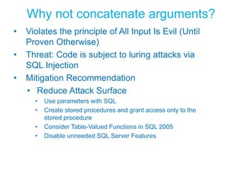 Fail To Secure ModeFunction Authenticate(UserID As String, Password As String)Dim Authenticated As Boolean = True   Try  Dim conn As New SqlConnection(connString)      conn.Open()      Dim cmd As New SqlCommand("SELECT Count(*) FROM Users …”)      Dim count As Integer      count = cmd.ExecuteScalar()      Authenticated = (count = 1)  Catch ex As Exception      MessageBox.Show("Error logging in " + ex.Message)  End Try  Return AuthenticatedEnd FunctionAuthenticated As Boolean = TrueDanger!!Assumes SuccessAuthenticated flag may still be true hereCatch ex As Exception