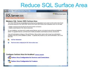 TryDim conn As SqlConnection = NothingDim results As New DataSet()   conn = New SqlConnection("data source=localhost;" _         + "user id=sa;password=password;" + _         "Initial Catalog=SqlInjectionDemo")conn.Open()   sqlString = "SELECT HasShipped" + _" FROM Shipment WHERE ID='" + ID + "'"cmd = New SqlCommand(sqlString, conn)Dim adapter As New SqlDataAdapter(cmd)adapter.Fill(results)Catch se As SqlException   Dim status As String   status = sqlString + " failed"For Each err As SqlError In se.Errors   status = status + err.MessageNextMesssageBox.Show(status)End TrySecurity Code Review