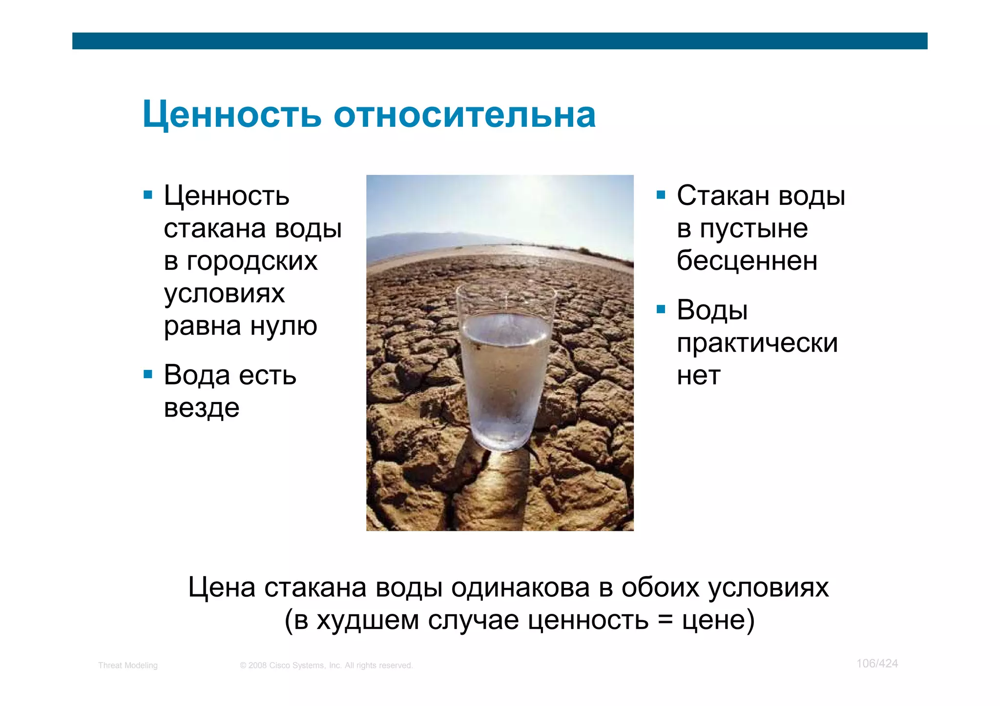 Ценность                                               Стакан воды
                  стакана воды                                           в пустыне
                  в городских                                            бесценнен
                  условиях
                                                                         Воды
                  равна нулю
                                                                         практически
                  Вода есть                                              нет
                  везде




                   Цена стакана воды одинакова в обоих условиях
                         (в худшем случае ценность = цене)
Threat Modeling        © 2008 Cisco Systems, Inc. All rights reserved.                 106/424
 