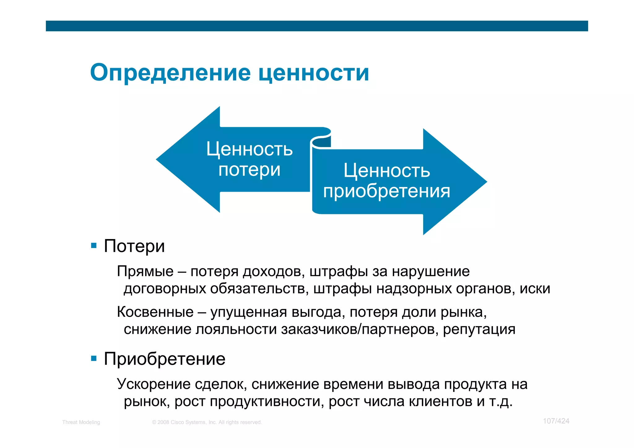 Ценность
                                              потери                       Ценность
                                                                         приобретения

                  Потери
                   Прямые – потеря доходов, штрафы за нарушение
                    договорных обязательств, штрафы надзорных органов, иски
                   Косвенные – упущенная выгода, потеря доли рынка,
                    снижение лояльности заказчиков/партнеров, репутация

                  Приобретение
                   Ускорение сделок, снижение времени вывода продукта на
                    рынок, рост продуктивности, рост числа клиентов и т.д.
Threat Modeling        © 2008 Cisco Systems, Inc. All rights reserved.                  107/424
 