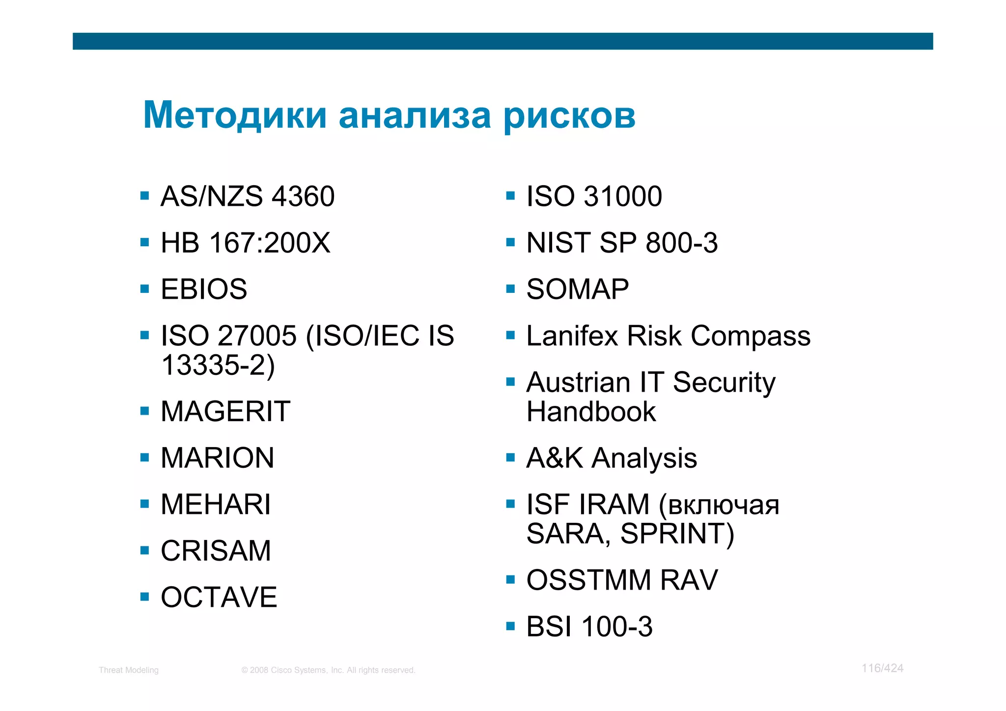 AS/NZS 4360                                            ISO 31000
                  HB 167:200X                                            NIST SP 800-3
                  EBIOS                                                  SOMAP
                  ISO 27005 (ISO/IEC IS                                  Lanifex Risk Compass
                  13335-2)
                                                                         Austrian IT Security
                  MAGERIT                                                Handbook
                  MARION                                                 A&K Analysis
                  MEHARI                                                 ISF IRAM (включая
                                                                         SARA, SPRINT)
                  CRISAM
                                                                         OSSTMM RAV
                  OCTAVE
                                                                         BSI 100-3
Threat Modeling        © 2008 Cisco Systems, Inc. All rights reserved.                          116/424
 