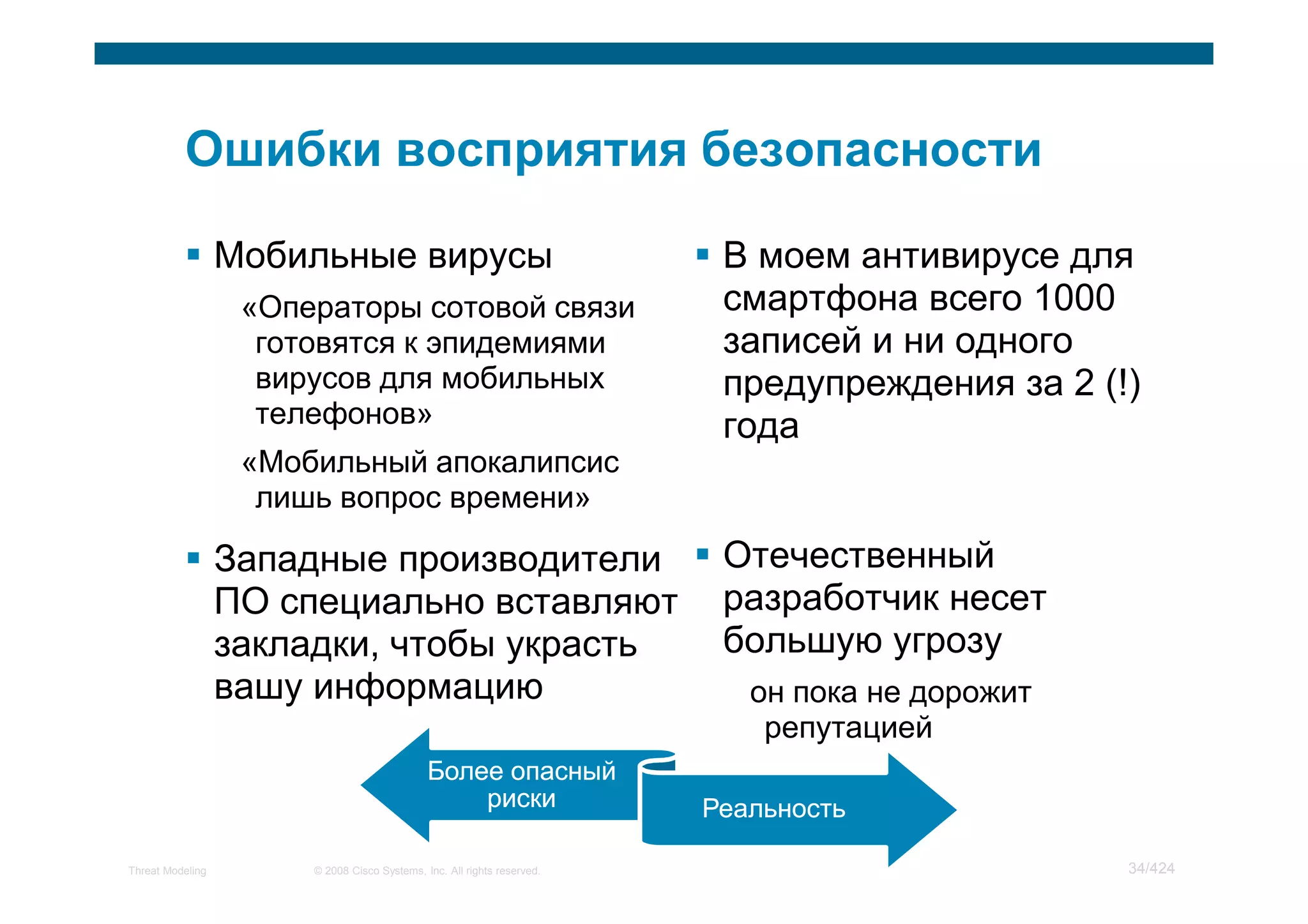 Мобильные вирусы                                        В моем антивирусе для
                   «Операторы сотовой связи                               смартфона всего 1000
                    готовятся к эпидемиями                                записей и ни одного
                    вирусов для мобильных                                 предупреждения за 2 (!)
                    телефонов»                                            года
                   «Мобильный апокалипсис
                    лишь вопрос времени»

                  Западные производители                                  Отечественный
                  ПО специально вставляют                                 разработчик несет
                  закладки, чтобы украсть                                 большую угрозу
                  вашу информацию                                           он пока не дорожит
                                                                             репутацией
                                              Более опасный
                                                  риски                  Реальность

Threat Modeling        © 2008 Cisco Systems, Inc. All rights reserved.                           34/424
 
