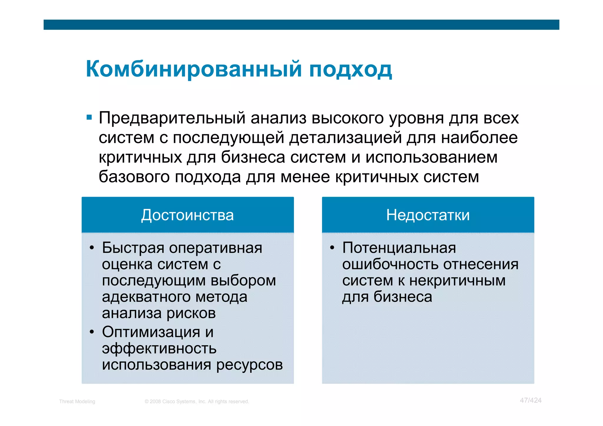 Предварительный анализ высокого уровня для всех
                  систем с последующей детализацией для наиболее
                  критичных для бизнеса систем и использованием
                  базового подхода для менее критичных систем

                      Достоинства                                              Недостатки

            • Быстрая оперативная                                        • Потенциальная
              оценка систем с                                              ошибочность отнесения
              последующим выбором                                          систем к некритичным
              адекватного метода                                           для бизнеса
              анализа рисков
            • Оптимизация и
              эффективность
              использования ресурсов

Threat Modeling        © 2008 Cisco Systems, Inc. All rights reserved.                             47/424
 