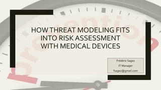 HOWTHREAT MODELING FITS
INTO RISK ASSESSMENT
WITH MEDICAL DEVICES
Frédéric Sagez
IT Manager
fsagez@gmail.com
 
