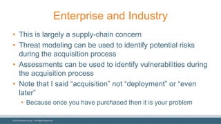 ©  2018  Denim  Group  – All  Rights  Reserved
Enterprise  and  Industry
• This  is  largely  a  supply-­chain  concern
• Threat  modeling  can  be  used  to  identify  potential  risks  
during  the  acquisition  process
• Assessments  can  be  used  to  identify  vulnerabilities  during  
the  acquisition  process
• Note  that  I  said  “acquisition”  not  “deployment”  or  “even  
later”
• Because  once  you  have  purchased  then  it  is  your  problem
 