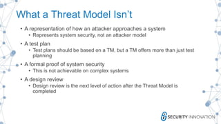 What a Threat Model Isn’t
• A representation of how an attacker approaches a system
• Represents system security, not an a...