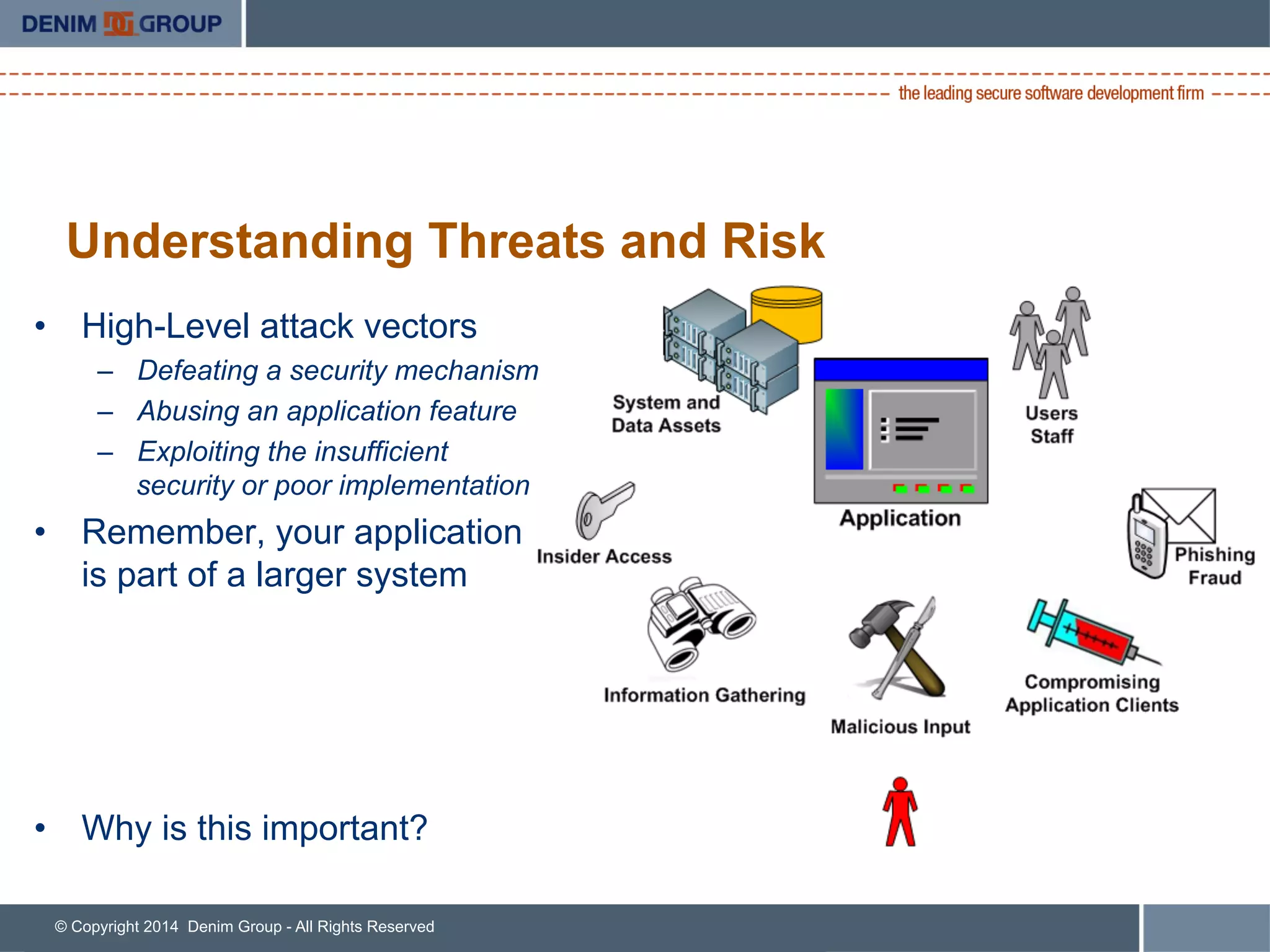 © Copyright 2014 Denim Group - All Rights Reserved
Understanding Threats and Risk
•  High-Level attack vectors
–  Defeating a security mechanism
–  Abusing an application feature
–  Exploiting the insufficient
security or poor implementation
•  Remember, your application
is part of a larger system
•  Why is this important?
 