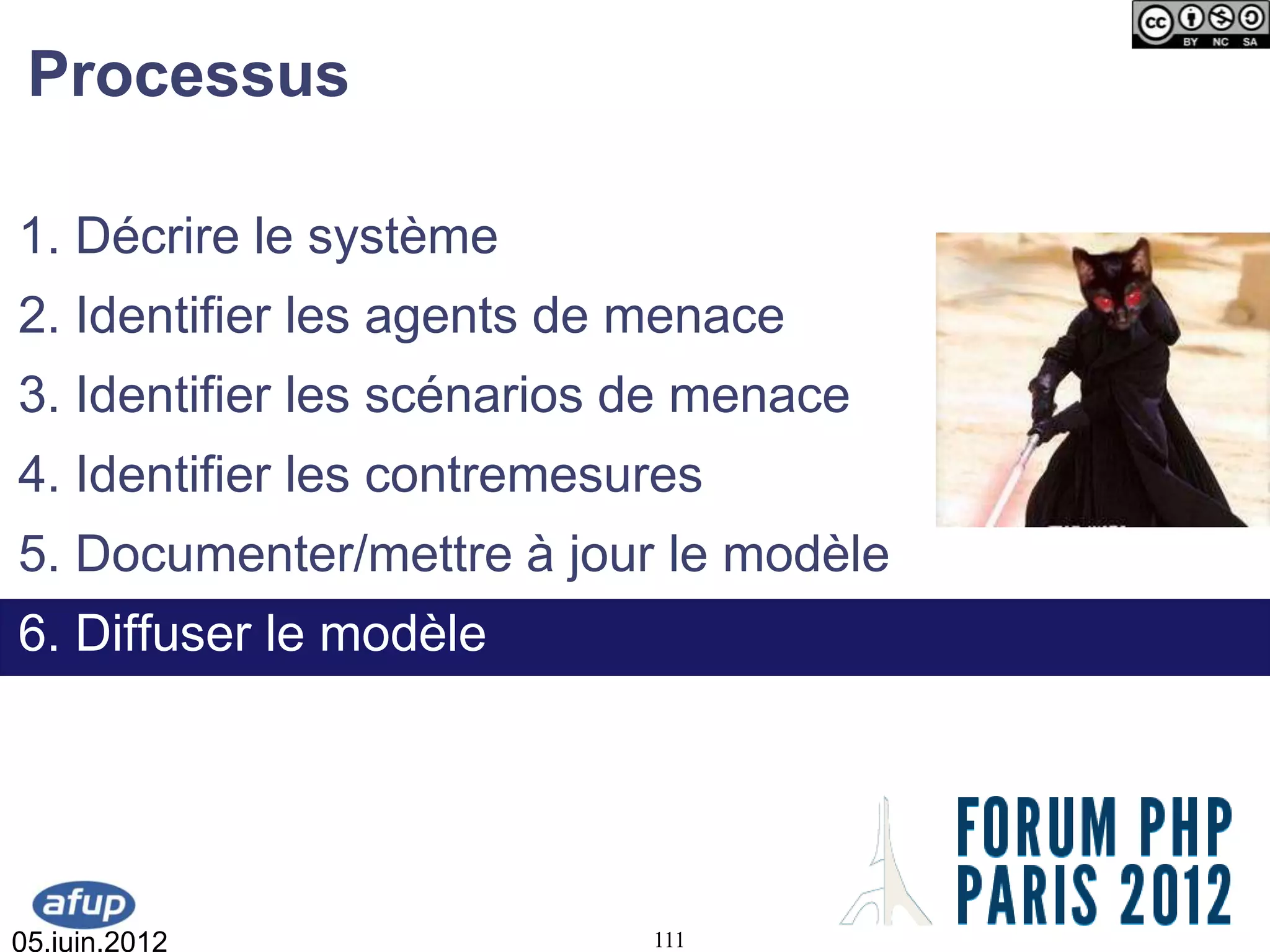 Processus

1. Décrire le système
2. Identifier les agents de menace
3. Identifier les scénarios de menace
4. Identifier les contremesures
5. Documenter/mettre à jour le modèle
6. Diffuser le modèle




05.juin.2012                111
 