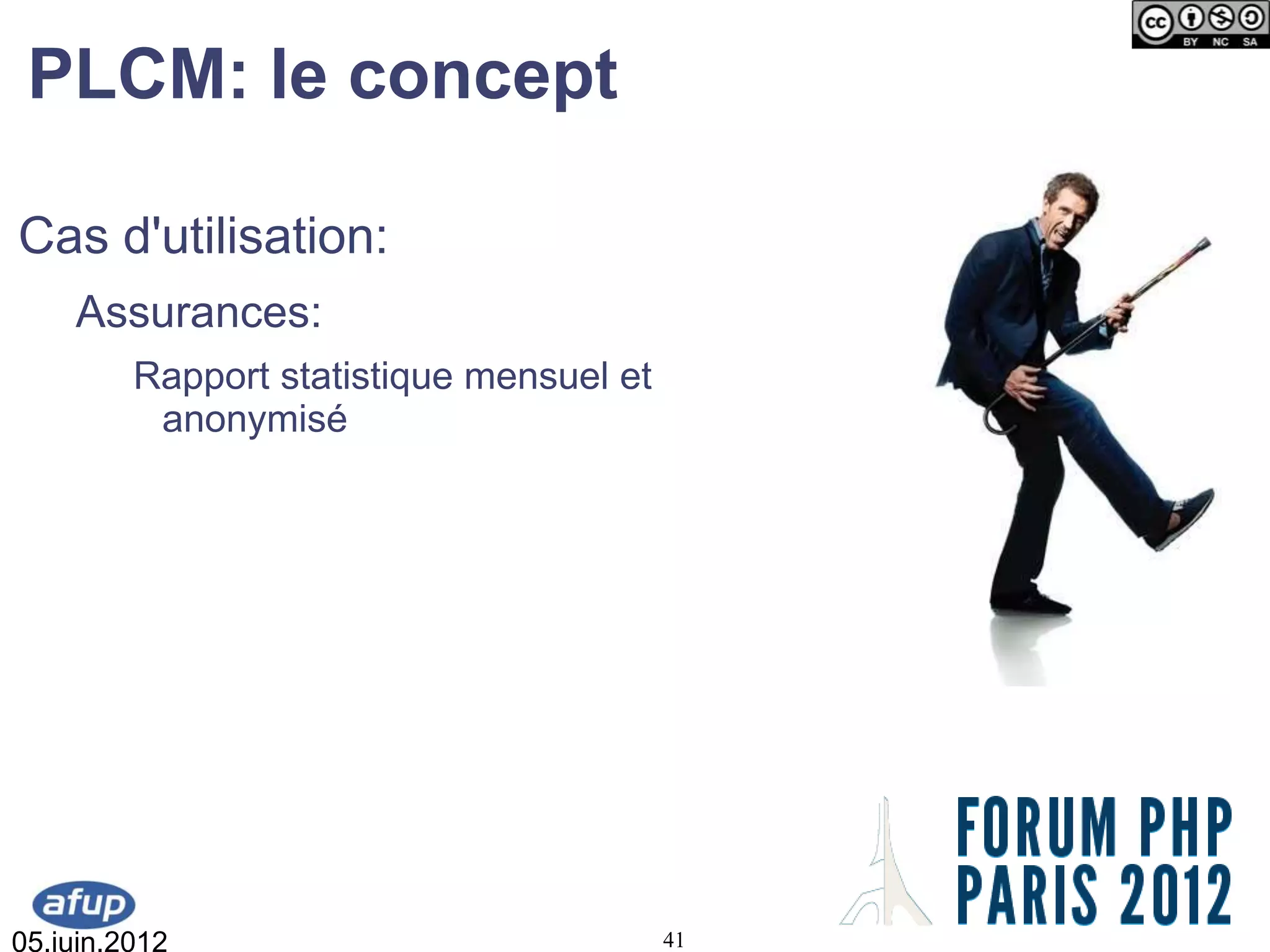 PLCM: le concept

Cas d'utilisation:
    Assurances:
         Rapport statistique mensuel et
          anonymisé




05.juin.2012                              41
 
