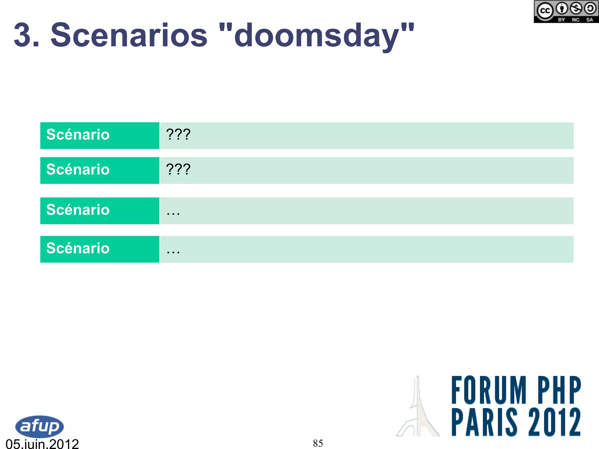 3. Scenarios "doomsday"

      Scénario   ???

      Scénario   ???

      Scénario   …

      Scénario   …




05.juin.2012           85
 