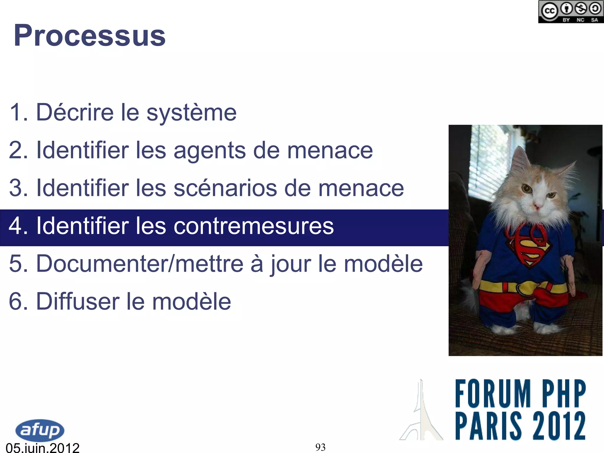 Processus

1. Décrire le système
2. Identifier les agents de menace
3. Identifier les scénarios de menace
4. Identifier les contremesures
5. Documenter/mettre à jour le modèle
6. Diffuser le modèle




05.juin.2012                 93
 
