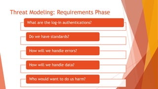 Threat Modeling: Requirements Phase
What are the log-in authentications?
Do we have standards?
How will we handle errors?
How will we handle data?
Who would want to do us harm?
 