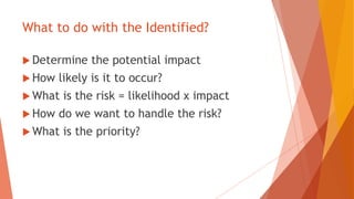 What to do with the Identified?
 Determine the potential impact
 How likely is it to occur?
 What is the risk = likelihood x impact
 How do we want to handle the risk?
 What is the priority?
 