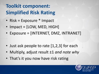 Toolkit component:
Simplified Risk Rating
• Risk = Exposure * Impact
• Impact = [LOW, MED, HIGH]
• Exposure = [INTERNET, DMZ, INTRANET]
• Just ask people to rate [1,2,3] for each
• Multiply, adjust result ±1 and note why
• That’s it you now have risk rating
 