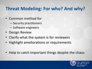 Threat Modeling: For who? And why?
• Common method for
– Security practitioners
– Software engineers
• Design Review
• Clarify what the system is for reviewers
• Highlight ameliorations or requirements
• Help to catch important things despite the chaos
 