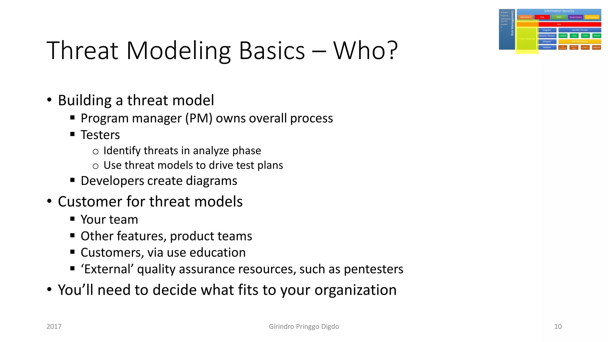 Threat Modeling Basics – Who?
• Building a threat model
▪ Program manager (PM) owns overall process
▪ Testers
o Identify threats in analyze phase
o Use threat models to drive test plans
▪ Developers create diagrams
• Customer for threat models
▪ Your team
▪ Other features, product teams
▪ Customers, via use education
▪ ‘External’ quality assurance resources, such as pentesters
• You’ll need to decide what fits to your organization
Girindro Pringgo Digdo2017 10
 