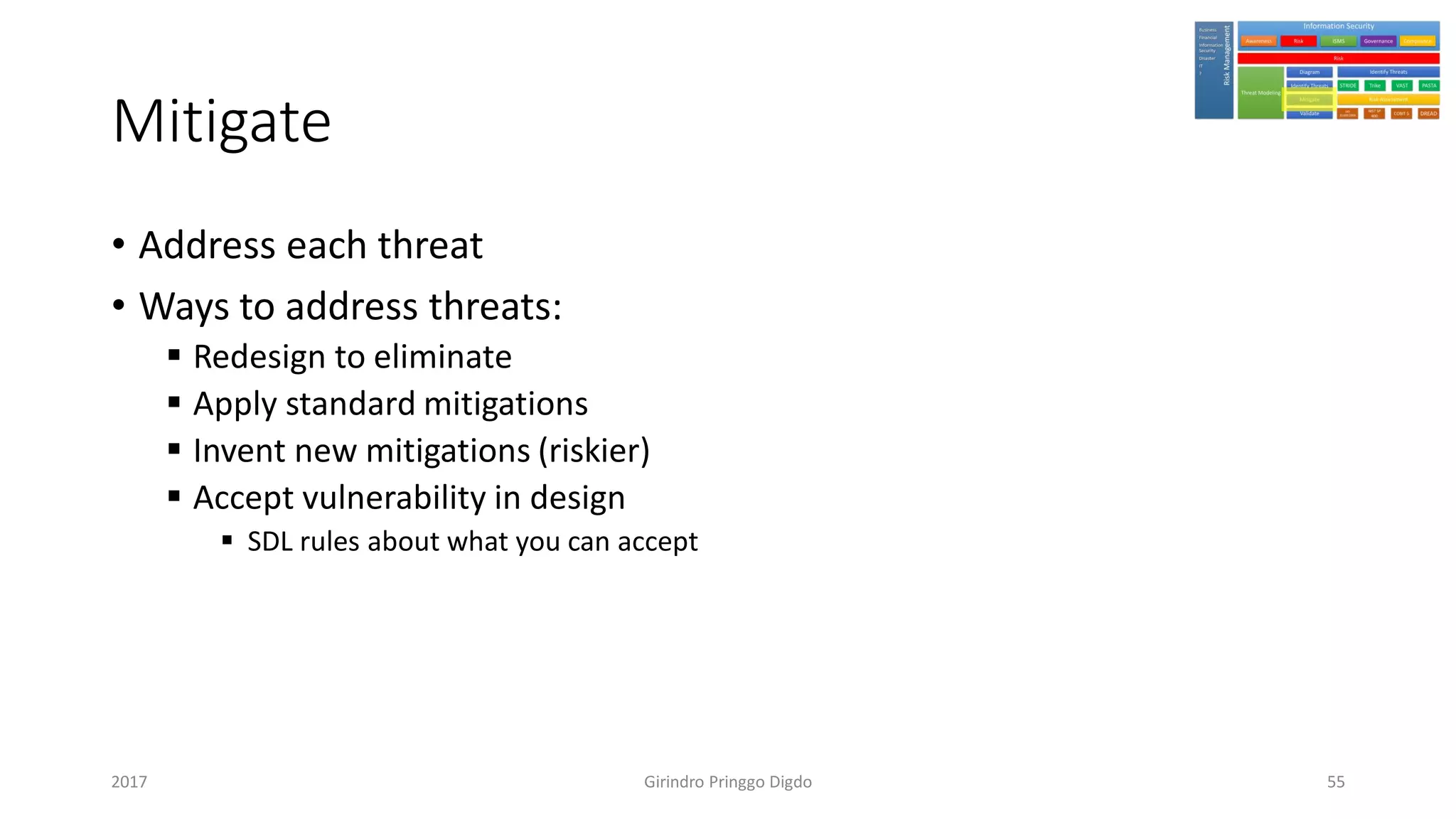 Mitigate
• Address each threat
• Ways to address threats:
▪ Redesign to eliminate
▪ Apply standard mitigations
▪ Invent new mitigations (riskier)
▪ Accept vulnerability in design
▪ SDL rules about what you can accept
Girindro Pringgo Digdo2017 55
 