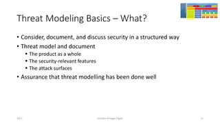 Threat Modeling Basics – What?
• Consider, document, and discuss security in a structured way
• Threat model and document
▪ The product as a whole
▪ The security-relevant features
▪ The attack surfaces
• Assurance that threat modelling has been done well
Girindro Pringgo Digdo2017 11
 