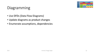 Diagramming
• Use DFDs (Data Flow Diagrams)
• Update diagrams as product changes
• Enumerate assumptions, dependencies
Girindro Pringgo Digdo2017 16
 