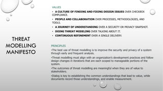 THREAT
MODELLING
MANIFESTO
VALUES
• A CULTURE OF FINDING AND FIXING DESIGN ISSUES OVER CHECKBOX
COMPLIANCE.
• PEOPLE AND COLLABORATION OVER PROCESSES, METHODOLOGIES, AND
TOOLS.
• A JOURNEY OF UNDERSTANDING OVER A SECURITY OR PRIVACY SNAPSHOT.
• DOING THREAT MODELING OVER TALKING ABOUT IT.
• CONTINUOUS REFINEMENT OVER A SINGLE DELIVERY.
PRINCIPLES
•The best use of threat modelling is to improve the security and privacy of a system
through early and frequent analysis.
•Threat modelling must align with an organization’s development practices and follow
design changes in iterations that are each scoped to manageable portions of the
system.
•The outcomes of threat modelling are meaningful when they are of value to
stakeholders.
•Dialog is key to establishing the common understandings that lead to value, while
documents record those understandings, and enable measurement.
 