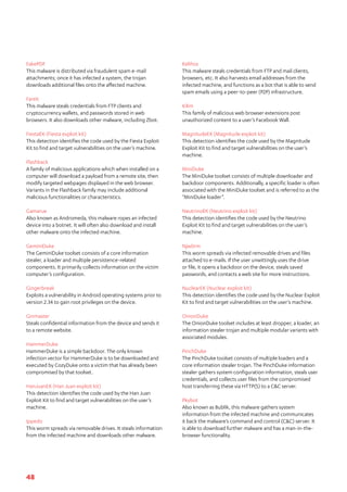 48
FakePDF	
This malware is distributed via fraudulent spam e-mail
attachments; once it has infected a system, the trojan
downloads additional files onto the affected machine.
Fareit	
This malware steals credentials from FTP clients and
cryptocurrency wallets, and passwords stored in web
browsers. It also downloads other malware, including Zbot.
FiestaEK (Fiesta exploit kit)
This detection identifies the code used by the Fiesta Exploit
Kit to find and target vulnerabilities on the user’s machine.
Flashback	
A family of malicious applications which when installed on a
computer will download a payload from a remote site, then
modify targeted webpages displayed in the web browser.
Variants in the Flashback family may include additional
malicious functionalities or characteristics.
Gamarue	
Also known as Andromeda, this malware ropes an infected
device into a botnet. It will often also download and install
other malware onto the infected machine.
GeminiDuke	
The GeminiDuke toolset consists of a core information
stealer, a loader and multiple persistence-related
components. It primarily collects information on the victim
computer’s configuration.
Gingerbreak	
Exploits a vulnerability in Android operating systems prior to
version 2.34 to gain root privileges on the device.
Ginmaster	
Steals confidential information from the device and sends it
to a remote website.
HammerDuke	
HammerDuke is a simple backdoor. The only known
infection vector for HammerDuke is to be downloaded and
executed by CozyDuke onto a victim that has already been
compromised by that toolset.
HanJuanEK (Han Juan exploit kit)	
This detection identifies the code used by the Han Juan
Exploit Kit to find and target vulnerabilities on the user’s
machine.
Ippedo	
This worm spreads via removable drives. It steals information
from the infected machine and downloads other malware.
Kelihos	
This malware steals credentials from FTP and mail clients,
browsers, etc. It also harvests email addresses from the
infected machine, and functions as a bot that is able to send
spam emails using a peer-to-peer (P2P) infrastructure.
Kilim	
This family of malicious web browser extensions post
unauthorized content to a user’s Facebook Wall.
MagnitudeEK (Magnitude exploit kit)	
This detection identifies the code used by the Magnitude
Exploit Kit to find and target vulnerabilities on the user’s
machine.
MiniDuke	
The MiniDuke toolset consists of multiple downloader and
backdoor components. Additionally, a specific loader is often
associated with the MiniDuke toolset and is referred to as the
“MiniDuke loader”.
NeutrinoEK (Neutrino exploit kit)	
This detection identifies the code used by the Neutrino
Exploit Kit to find and target vulnerabilities on the user’s
machine.
Njw0rm	
This worm spreads via infected removable drives and files
attached to e-mails. If the user unwittingly uses the drive
or file, it opens a backdoor on the device, steals saved
passwords, and contacts a web site for more instructions.
NuclearEK (Nuclear exploit kit)	
This detection identifies the code used by the Nuclear Exploit
Kit to find and target vulnerabilities on the user’s machine.
OnionDuke	
The OnionDuke toolset includes at least dropper, a loader, an
information stealer trojan and multiple modular variants with
associated modules.
PinchDuke	
The PinchDuke toolset consists of multiple loaders and a
core information stealer trojan. The PinchDuke information
stealer gathers system configuration information, steals user
credentials, and collects user files from the compromised
host transferring these via HTTP(S) to a C&C server.
Pkybot	
Also known as Bublik, this malware gathers system
information from the infected machine and communicates
it back the malware’s command and control (C&C) server. It
is able to download further malware and has a man-in-the-
browser functionality.
 
