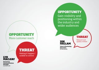 OppOrtunity
                                      Gain visibility and
                                      positioning within
                                      the industry and
                                      wider audiences


       OppOrtunity
       More customer reach                                 threat
                                                           Relevant and
                                       ZOe                 quality content
                                       hallaM
                                       sales & Marketing
                                       executive

                 threat
                                       BI Worldwide


                 Making it happen /
                 unable to control
lyn
MaCleay
Marketing
Communications
Manager
Scottish Life
 