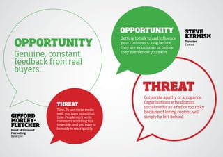 OppOrtunity                         steve
                                                 Getting to talk to and influence    kerMish
  OppOrtunity                                    your customers, long before
                                                 they are a customer or before
                                                                                     director
                                                                                     Cyance



  Genuine, constant                              they even know you exist

  feedback from real
  buyers.

                                                             threat
                                                              Corporate apathy or arrogance.
                                                              Organisations who dismiss
                  threat
                                                              social media as a fad or too risky
                  Time. To use social media
                  well, you have to do it full                because of losing control, will
giffOrd           time. People don’t write                    simply be left behind
MOrley-           comments according to a
fletCher          timetable, and you have to
head of inbound
                  be ready to react quickly.
Marketing
Base One
 