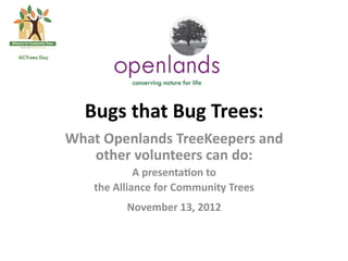 Bugs  that  Bug  Trees:  
What  Openlands  TreeKeepers  and  
   other  volunteers  can  do:      
              A  presenta?on  to    
    the  Alliance  for  Community  Trees  
           November  13,  2012    
                       
                       
 