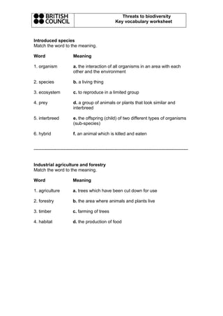 Threats to biodiversity
Key vocabulary worksheet

Introduced species
Match the word to the meaning.
Word

Meaning

1. organism

a. the interaction of all organisms in an area with each
other and the environment

2. species

b. a living thing

3. ecosystem

c. to reproduce in a limited group

4. prey

d. a group of animals or plants that look similar and
interbreed

5. interbreed

e. the offspring (child) of two different types of organisms
(sub-species)

6. hybrid

f. an animal which is killed and eaten

------------------------------------------------------------------------------------------------------Industrial agriculture and forestry
Match the word to the meaning.
Word

Meaning

1. agriculture

a. trees which have been cut down for use

2. forestry

b. the area where animals and plants live

3. timber

c. farming of trees

4. habitat

d. the production of food

 