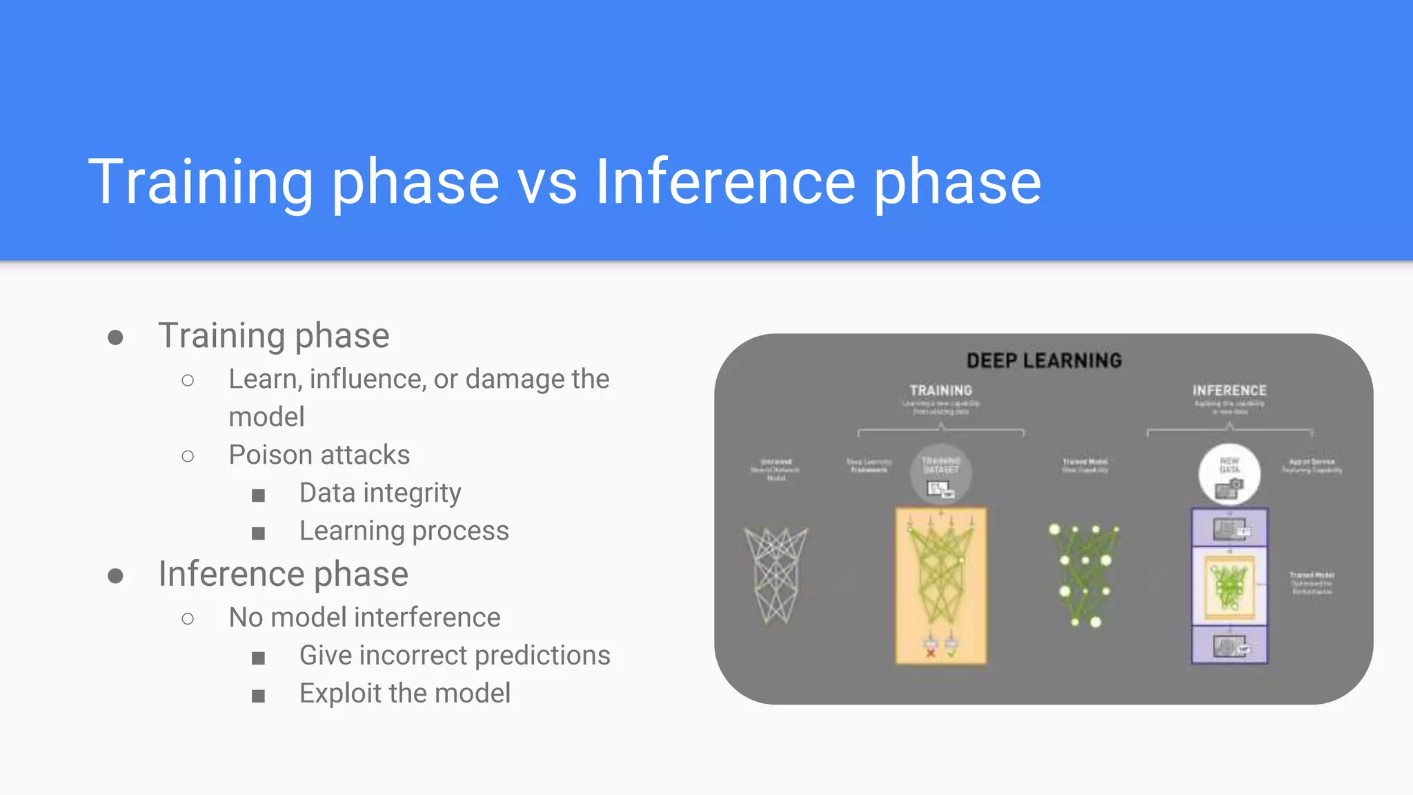 Training phase vs Inference phase
● Training phase
○ Learn, influence, or damage the
model
○ Poison attacks
■ Data integrity
■ Learning process
● Inference phase
○ No model interference
■ Give incorrect predictions
■ Exploit the model
 