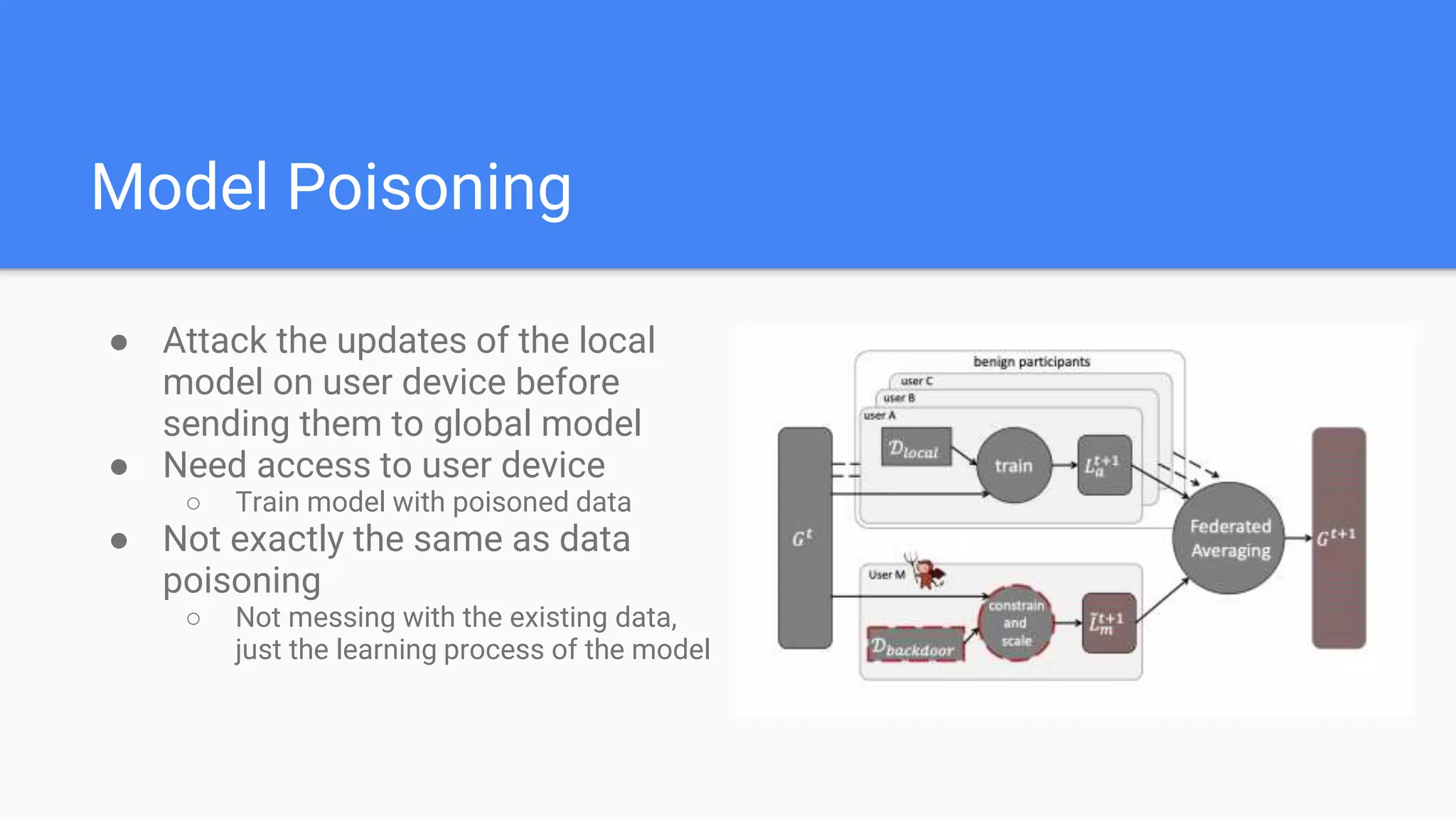 Model Poisoning
● Attack the updates of the local
model on user device before
sending them to global model
● Need access to user device
○ Train model with poisoned data
● Not exactly the same as data
poisoning
○ Not messing with the existing data,
just the learning process of the model
 