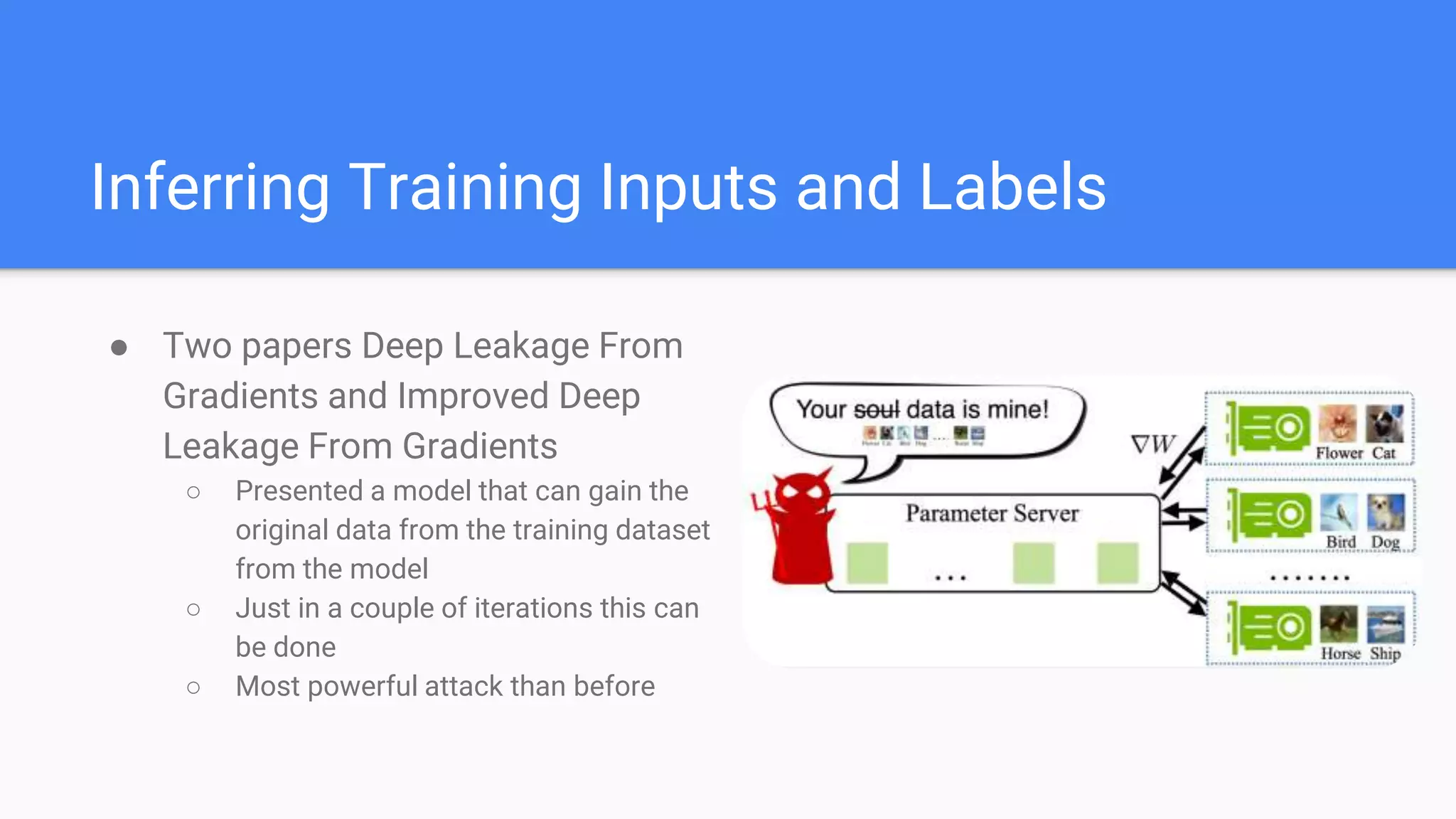 Inferring Training Inputs and Labels
● Two papers Deep Leakage From
Gradients and Improved Deep
Leakage From Gradients
○ Presented a model that can gain the
original data from the training dataset
from the model
○ Just in a couple of iterations this can
be done
○ Most powerful attack than before
 