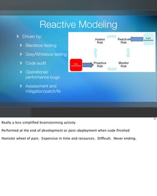Reactive Modeling
             Driven by:
              Blackbox testing

              Grey/Whitebox testing

           ...