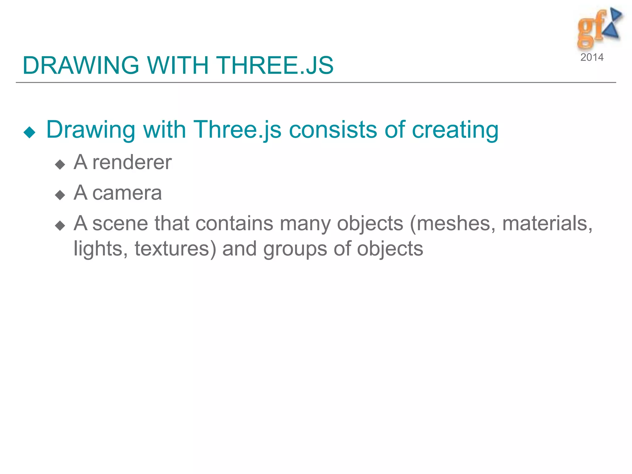2014
DRAWING WITH THREE.JS
 Drawing with Three.js consists of creating
 A renderer
 A camera
 A scene that contains many objects (meshes, materials,
lights, textures) and groups of objects
 