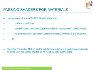2014
PASSING SHADERS FOR MATERIALS
 var myMaterial = new THREE.ShaderMaterial({
 uniforms: uniforms,
 vertexShader: document.getElementById( ‘myvertexsh' ).textContent,
 fragmentShader: document.getElementById( ‘myfragsh' ).textContent
 });
 Note that “projectionMatrix” and “modelViewMatrix” are provided automatically
by three.js in the vertex shader so no need to pass on the data
GFX2014 Advanced Graphics Workshop, Bangalore 14
 